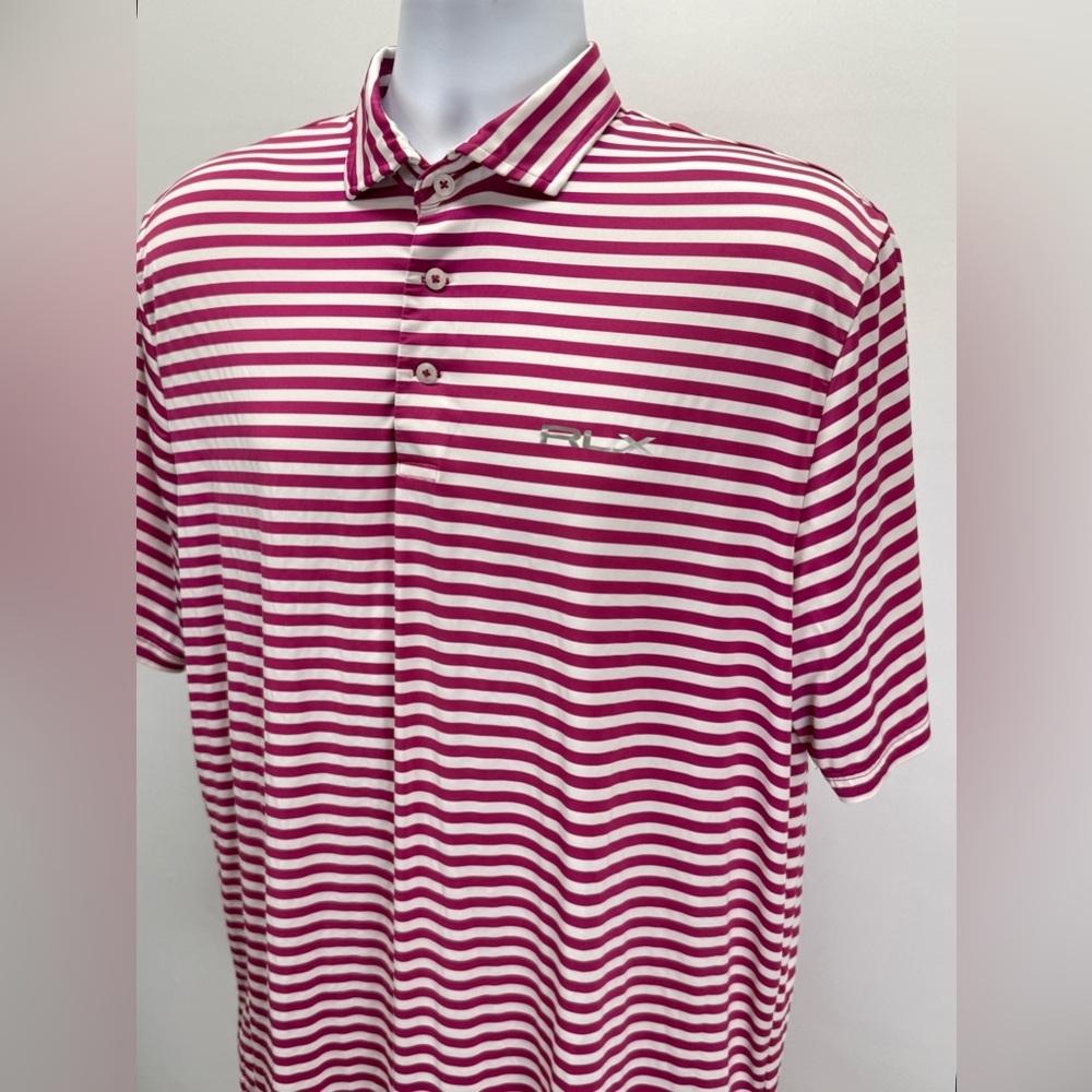 RLX Ralph Lauren Fuchsia and White Striped golf Polo shirt size L